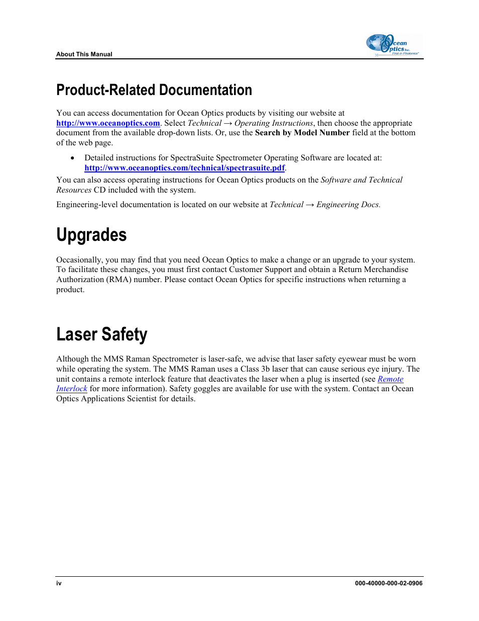 Product-related documentation, Upgrades, Laser safety | Ocean Optics MMS Raman User Manual | Page 6 / 30