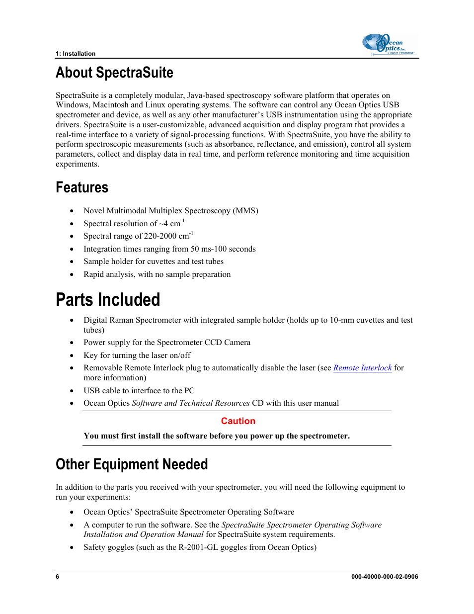 About spectrasuite, Features, Parts included | Other equipment needed | Ocean Optics MMS Raman User Manual | Page 8 / 30