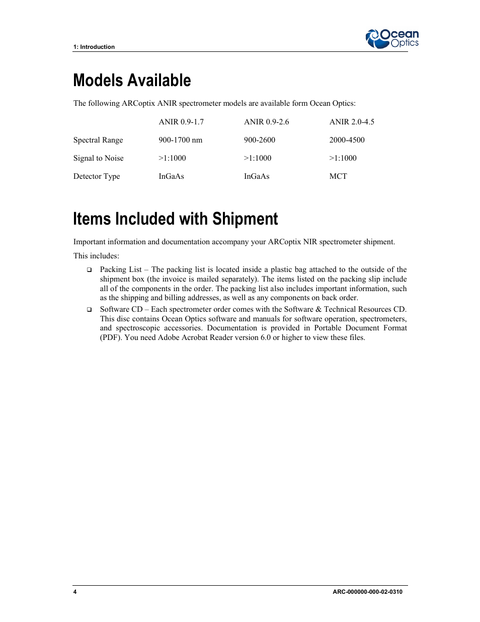 Models available items included with shipment, Models available, Items included with shipment | Ocean Optics ARCoptix ANIR User Manual | Page 12 / 38