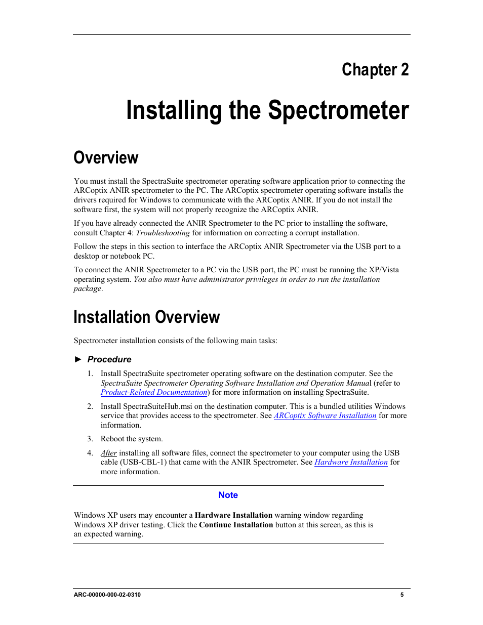 Chapter 2: installing the spectrometer, Overview installation overview, Installing the spectrometer | Chapter 2, Overview, Installation overview | Ocean Optics ARCoptix ANIR User Manual | Page 13 / 38