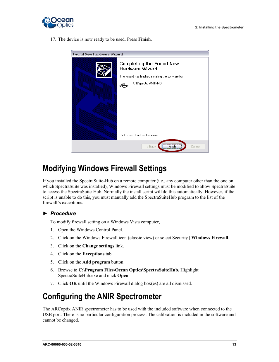 Modifying windows firewall settings, Configuring the anir spectrometer | Ocean Optics ARCoptix ANIR User Manual | Page 21 / 38