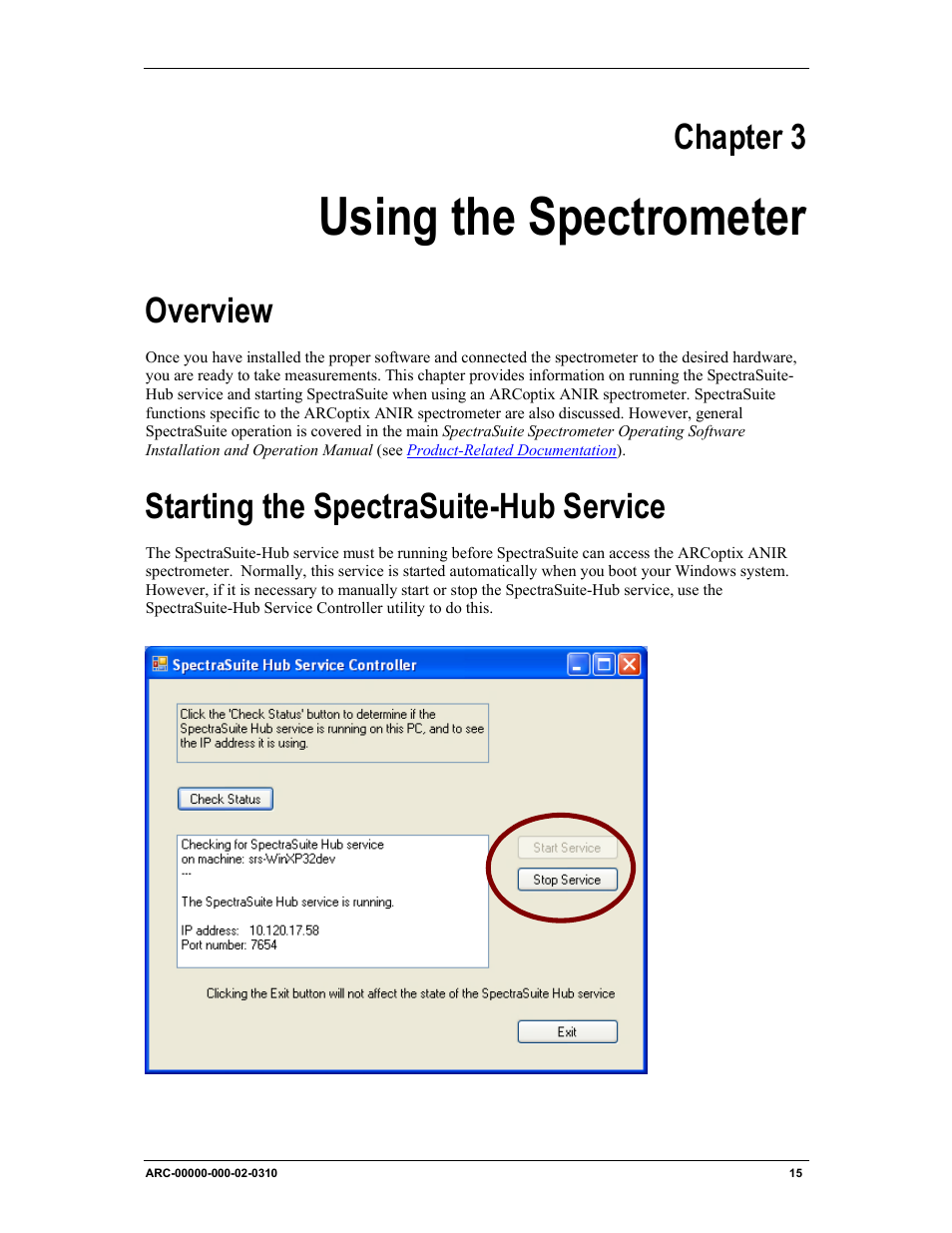 Chapter 3: using the spectrometer, Overview starting the spectrasuite-hub service, Using the spectrometer | Chapter 3, Overview, Starting the spectrasuite-hub service | Ocean Optics ARCoptix ANIR User Manual | Page 23 / 38