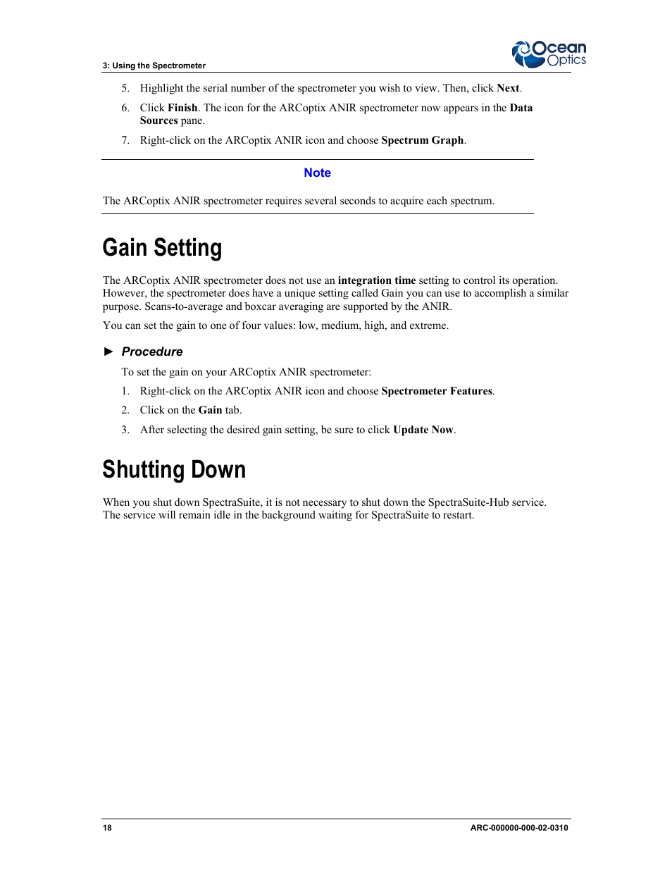 Gain setting shutting down, Gain setting, Shutting down | Ocean Optics ARCoptix ANIR User Manual | Page 26 / 38