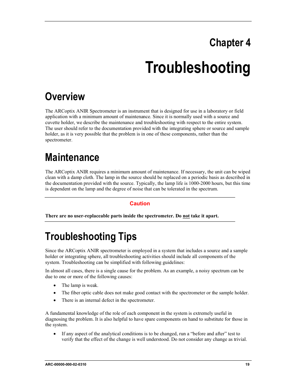 Chapter 4: troubleshooting, Overview maintenance troubleshooting tips, Troubleshooting | Chapter 4, Overview, Maintenance, Troubleshooting tips | Ocean Optics ARCoptix ANIR User Manual | Page 27 / 38