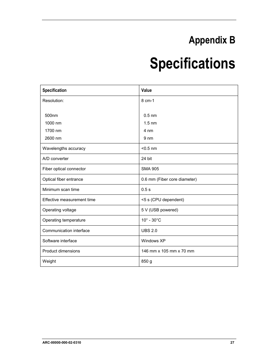 Appendix b: specifications, Specifications, Appendix b | Ocean Optics ARCoptix ANIR User Manual | Page 35 / 38