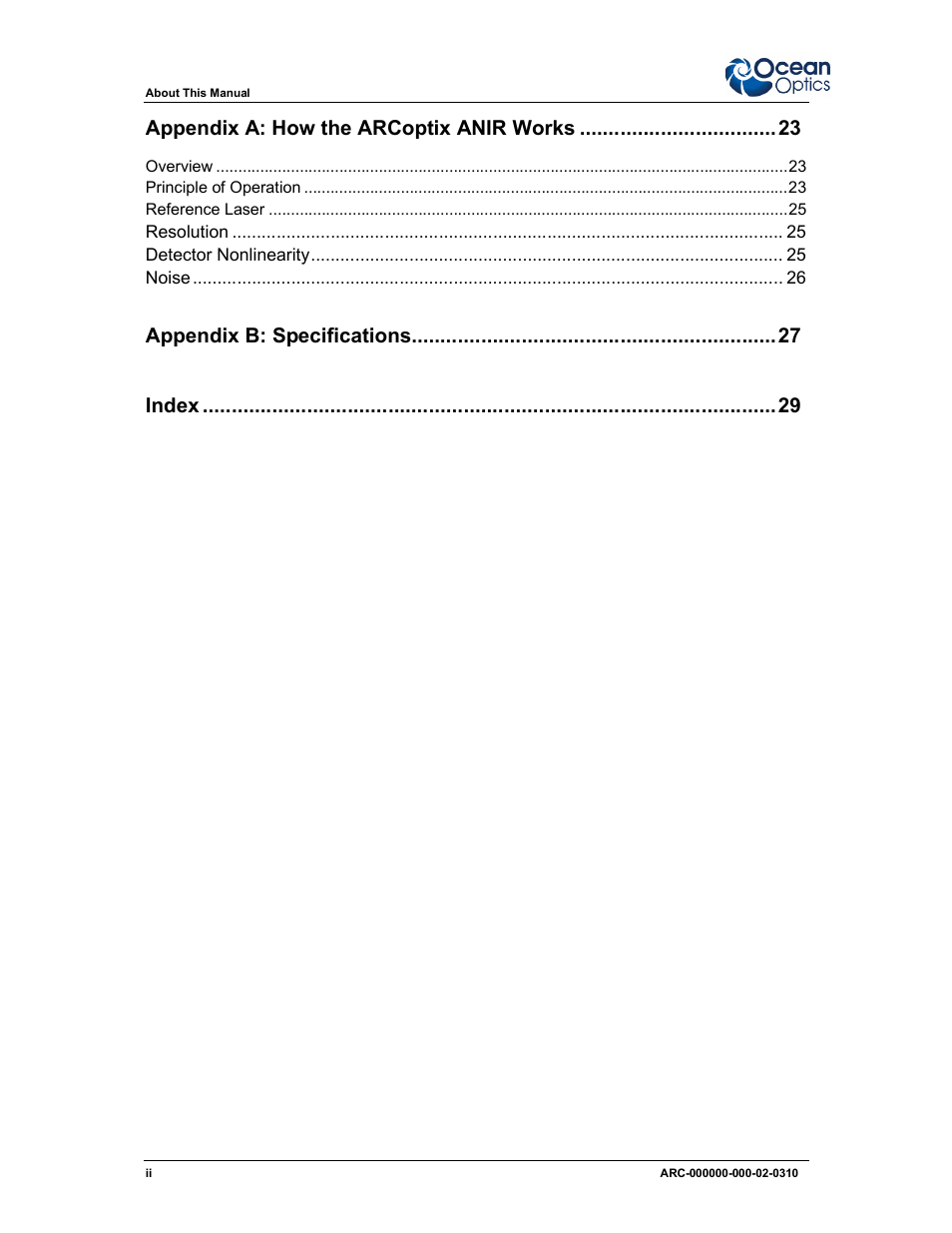 Appendix a : how the arcoptix anir works, Appendix b: specifications index | Ocean Optics ARCoptix ANIR User Manual | Page 4 / 38