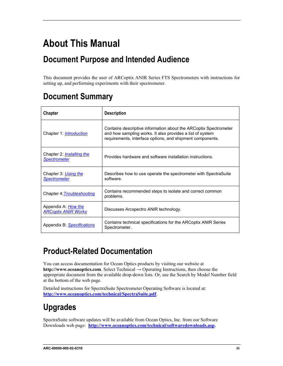 About this manual, Document purpose and intended audience, Document summary | Product-related documentation, Upgrades | Ocean Optics ARCoptix ANIR User Manual | Page 5 / 38