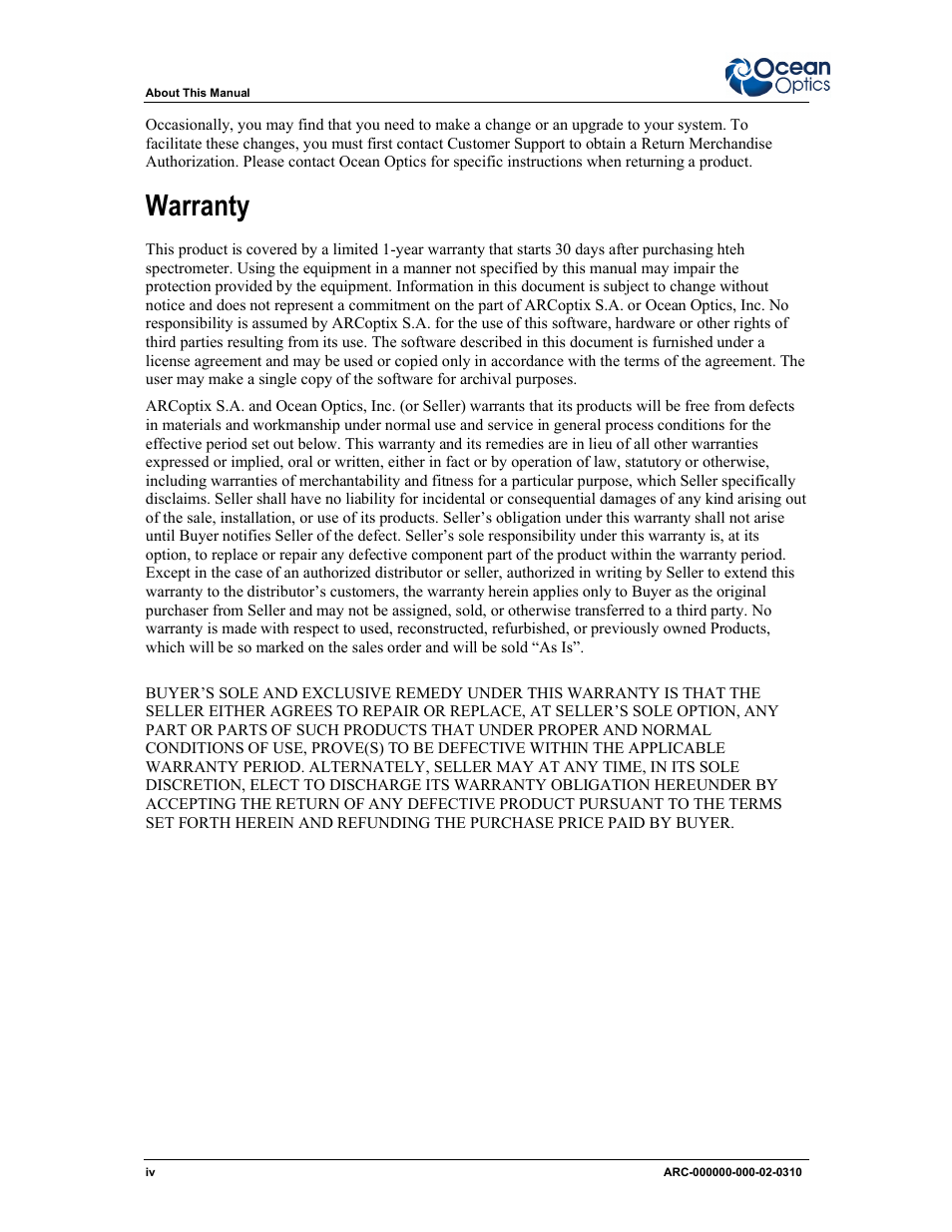 Warranty | Ocean Optics ARCoptix ANIR User Manual | Page 6 / 38