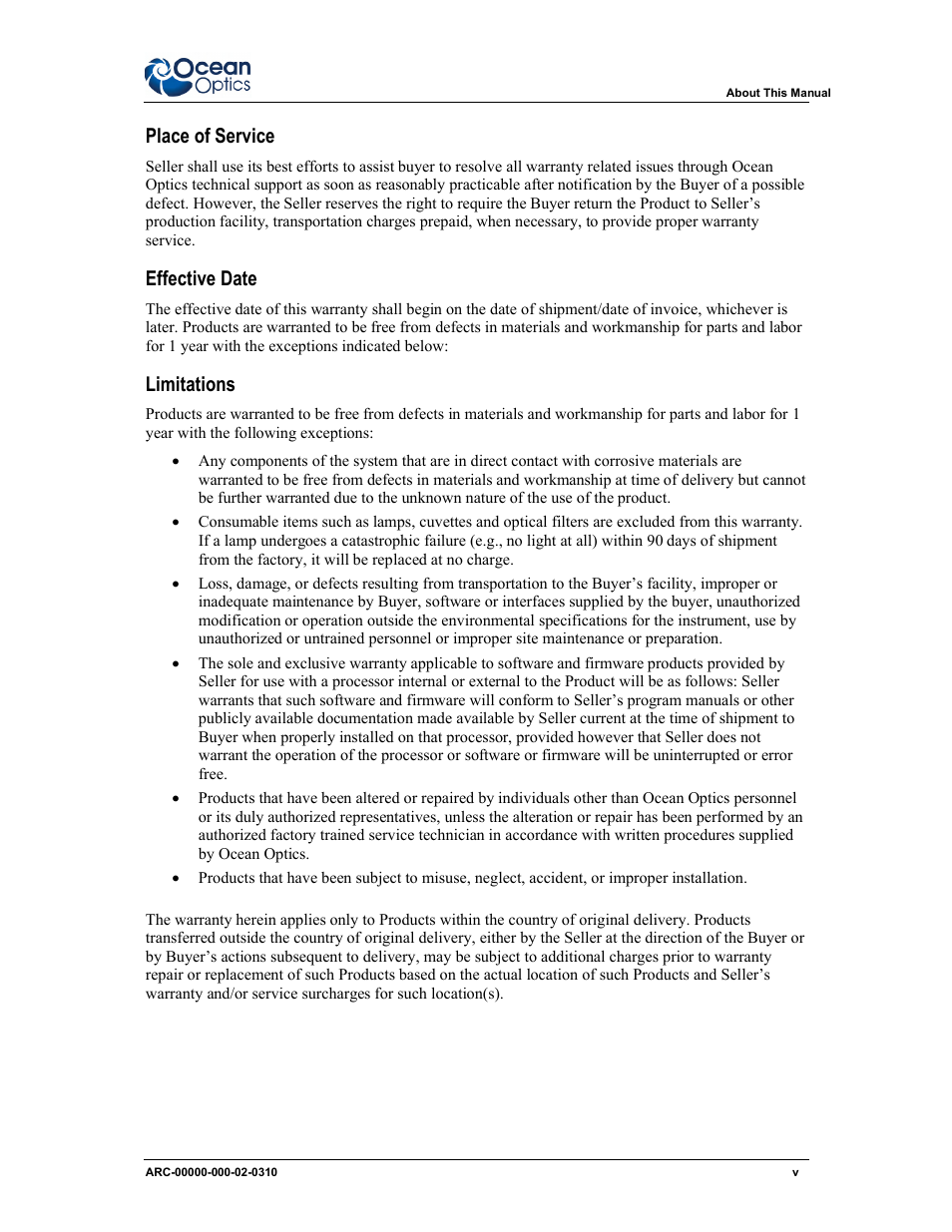 Place of service, Effective date, Limitations | Ocean Optics ARCoptix ANIR User Manual | Page 7 / 38