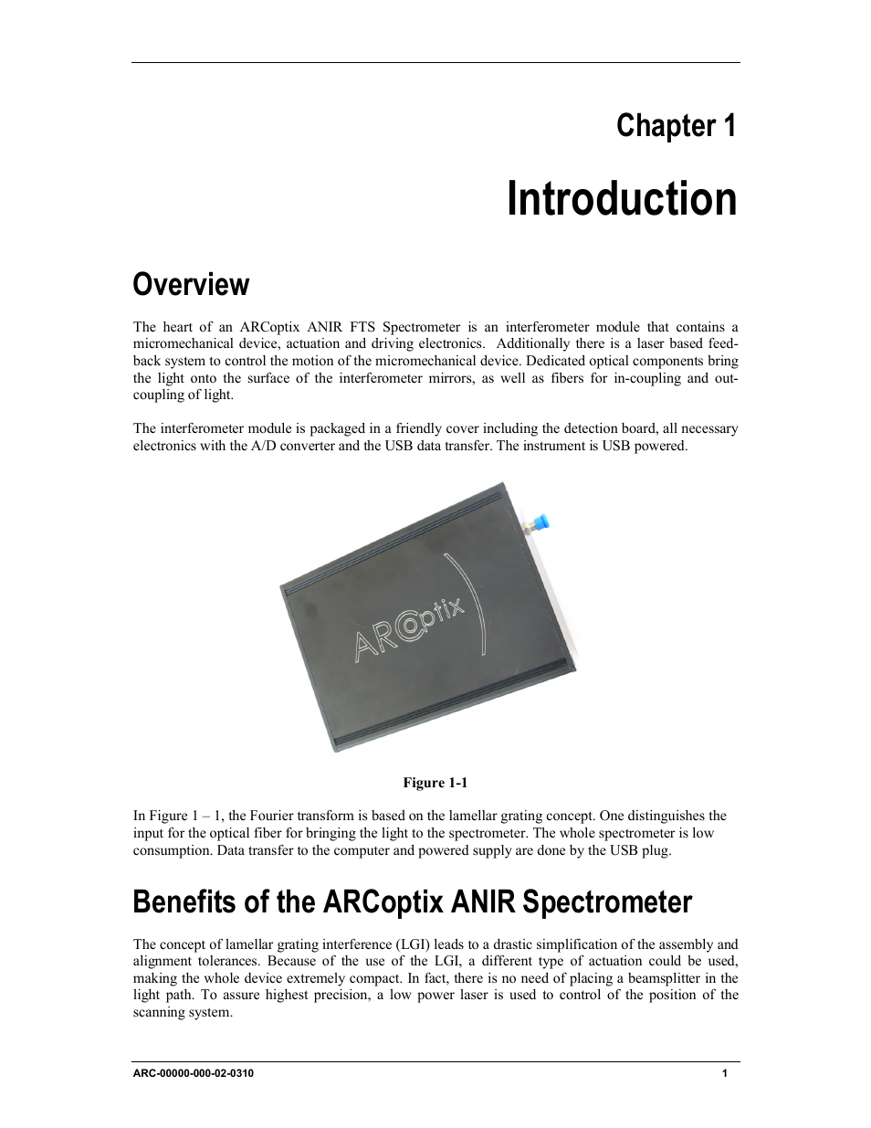 Chapter 1: introduction, Introduction, Chapter 1 | Overview, Benefits of the arcoptix anir spectrometer | Ocean Optics ARCoptix ANIR User Manual | Page 9 / 38