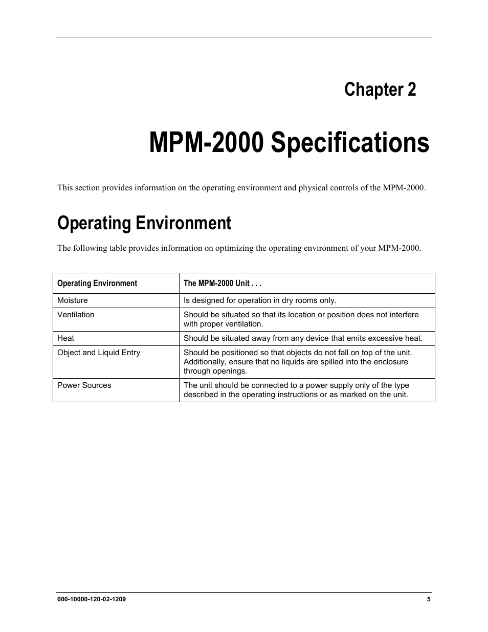 Mpm-2000 specifications, Operating environment, Chapter 2 | Ocean Optics MPM-2000 User Manual | Page 13 / 32