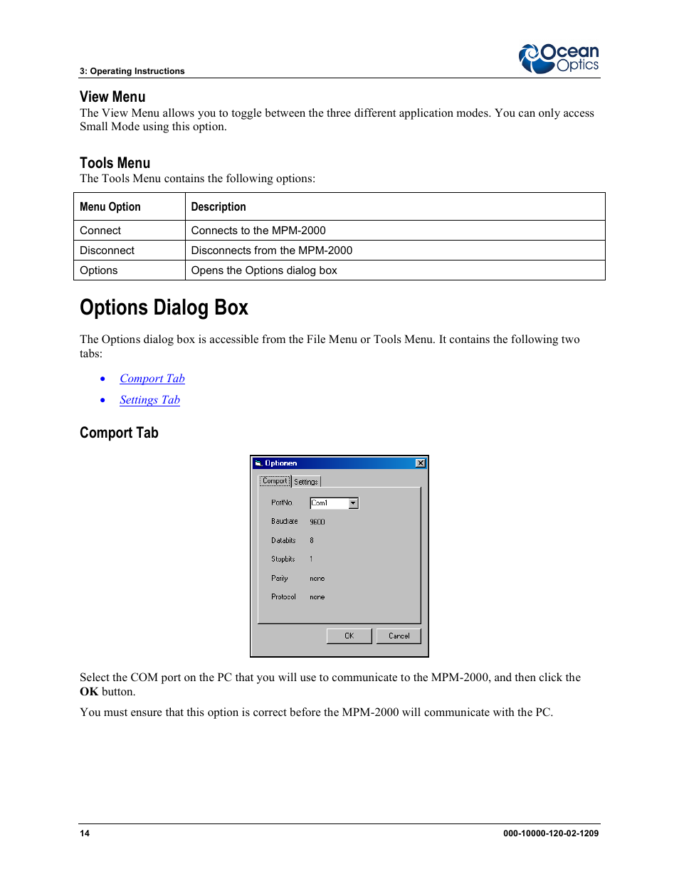 Options dialog box, View menu, Tools menu | Comport tab | Ocean Optics MPM-2000 User Manual | Page 22 / 32