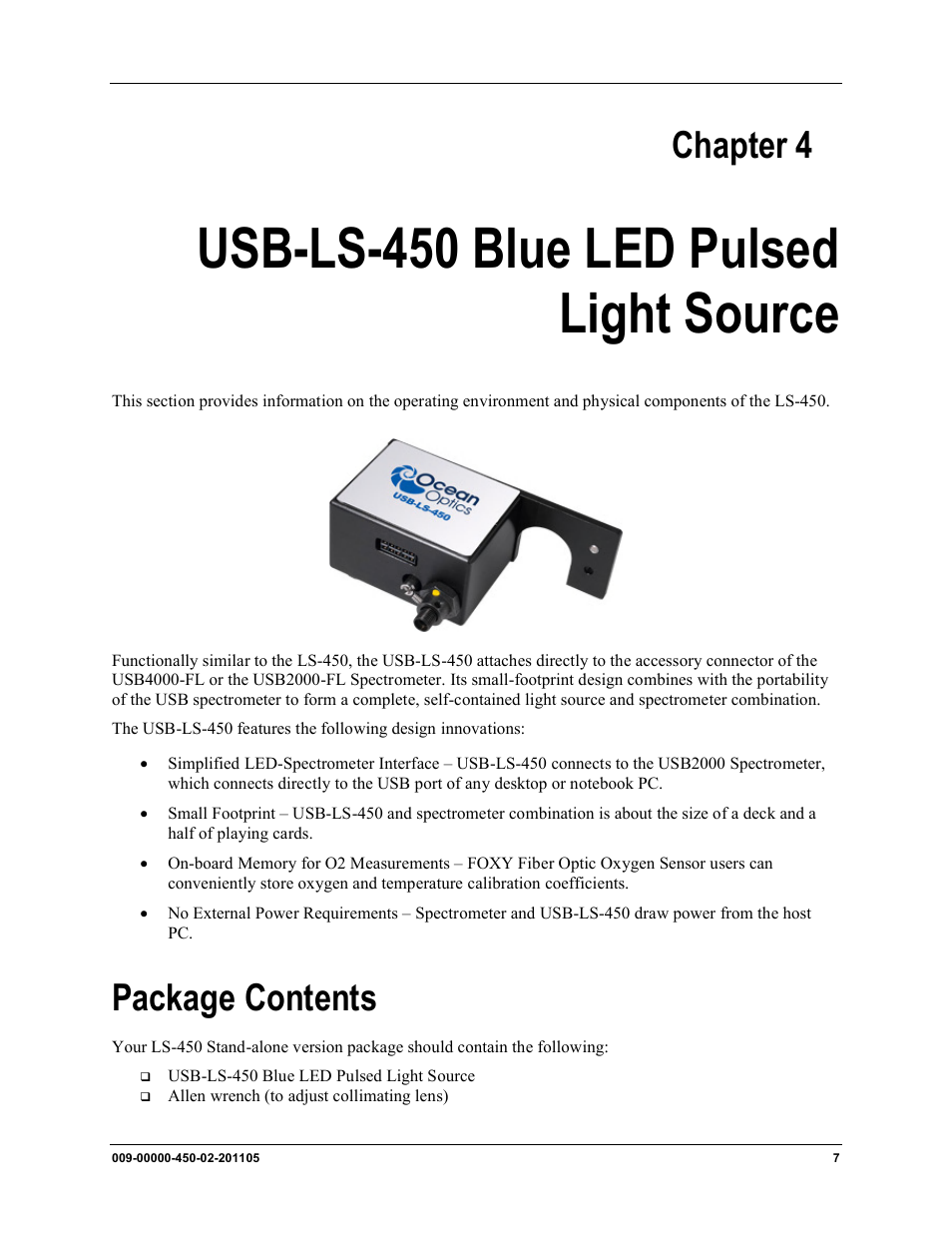 Chapter 4, Usb-ls-450 blue led pulsed light source, Package contents | Usb-ls-450 blue led, Pulsed light source | Ocean Optics LS-450 User Manual | Page 21 / 32