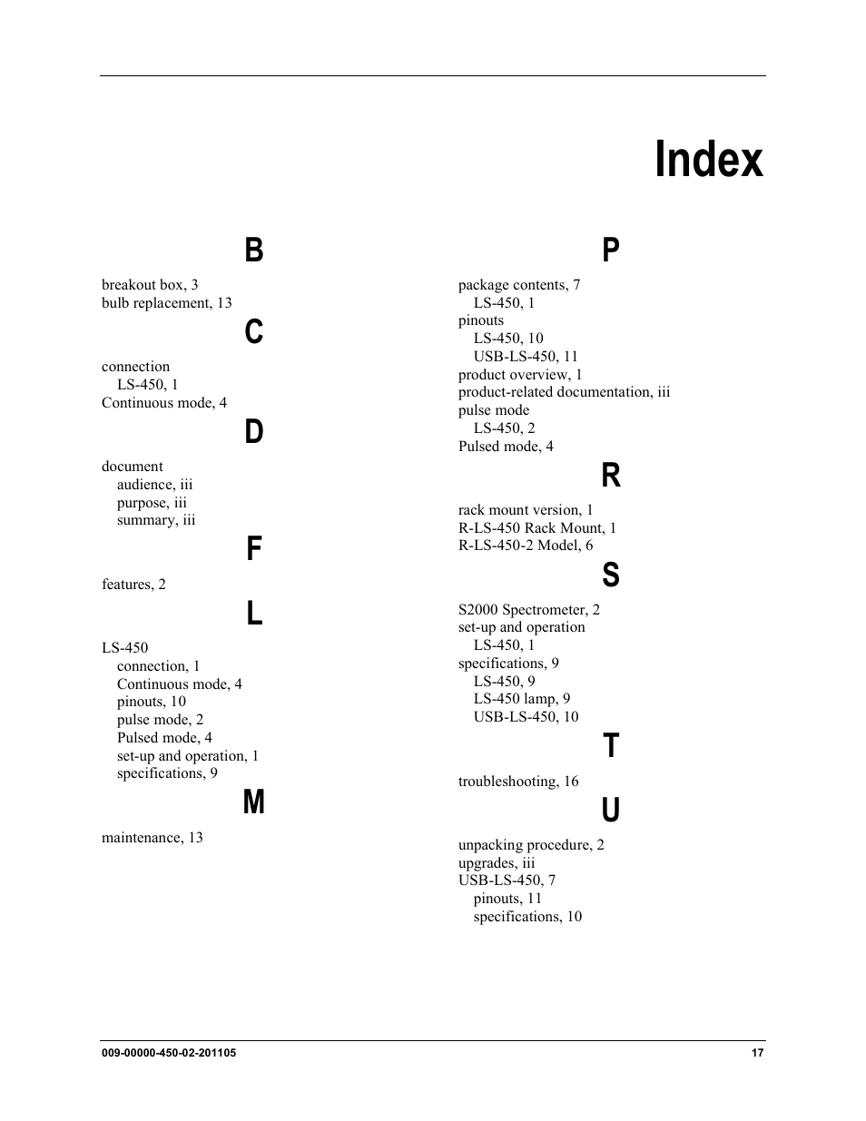 Index | Ocean Optics LS-450 User Manual | Page 31 / 32