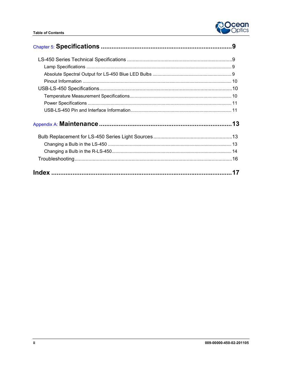 Specifications, Maintenance, Index | Ocean Optics LS-450 User Manual | Page 6 / 32