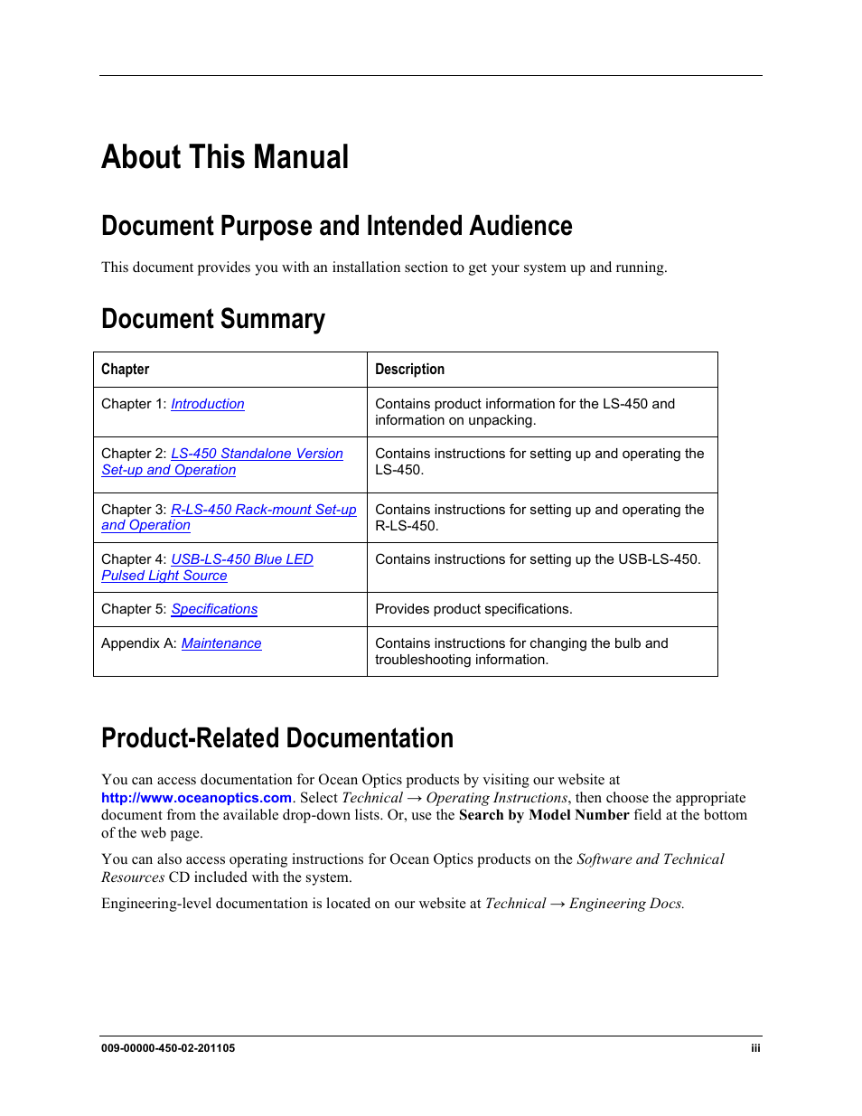 About this manual, Document purpose and intended audience, Document summary | Product-related documentation | Ocean Optics LS-450 User Manual | Page 7 / 32