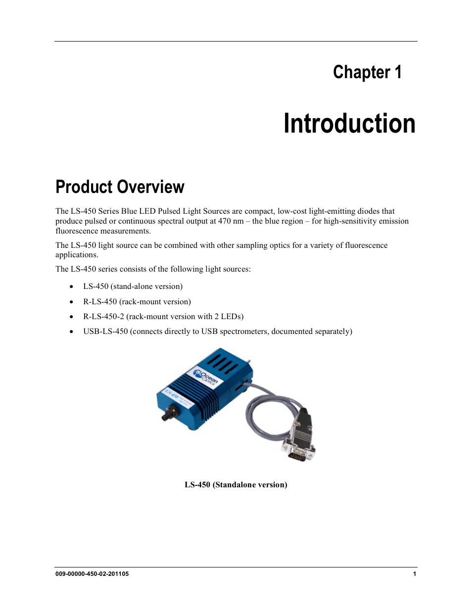 Chapter 1, Introduction, Product overview | Ocean Optics LS-450 User Manual | Page 9 / 32