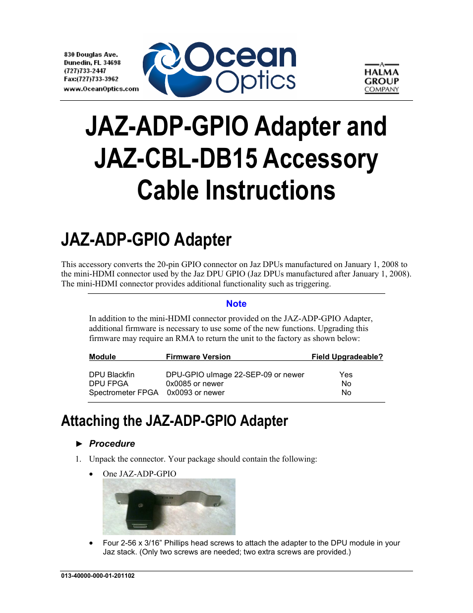 Ocean Optics JAZ-CBL-DB15 Accessory Cable User Manual | 6 pages