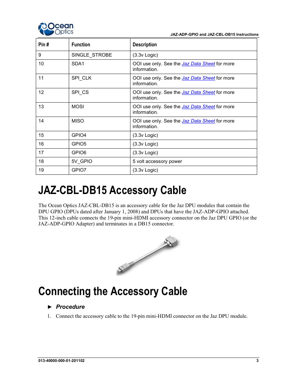 Jaz-cbl-db15 accessory cable, Connecting the accessory cable | Ocean Optics JAZ-CBL-DB15 Accessory Cable User Manual | Page 3 / 6