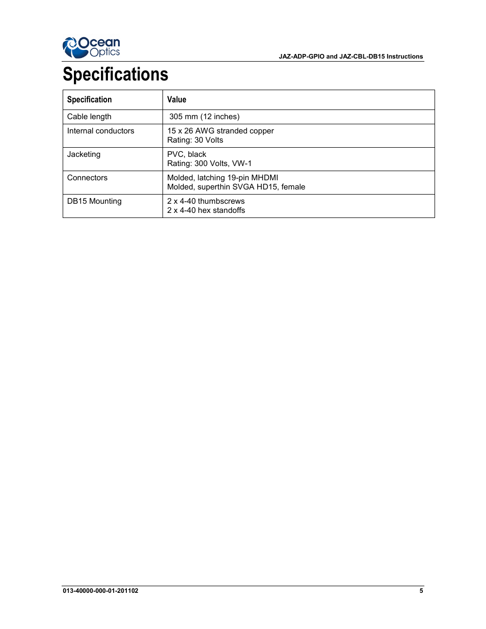 Specifications | Ocean Optics JAZ-CBL-DB15 Accessory Cable User Manual | Page 5 / 6