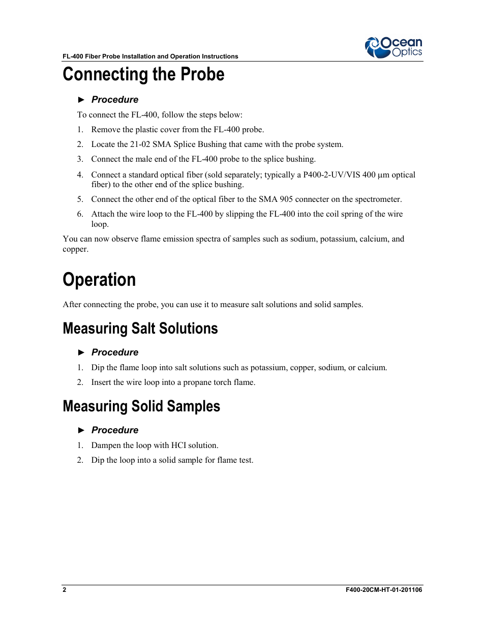 Connecting the probe, Operation, Measuring salt solutions | Measuring solid samples | Ocean Optics FL-400 User Manual | Page 2 / 4
