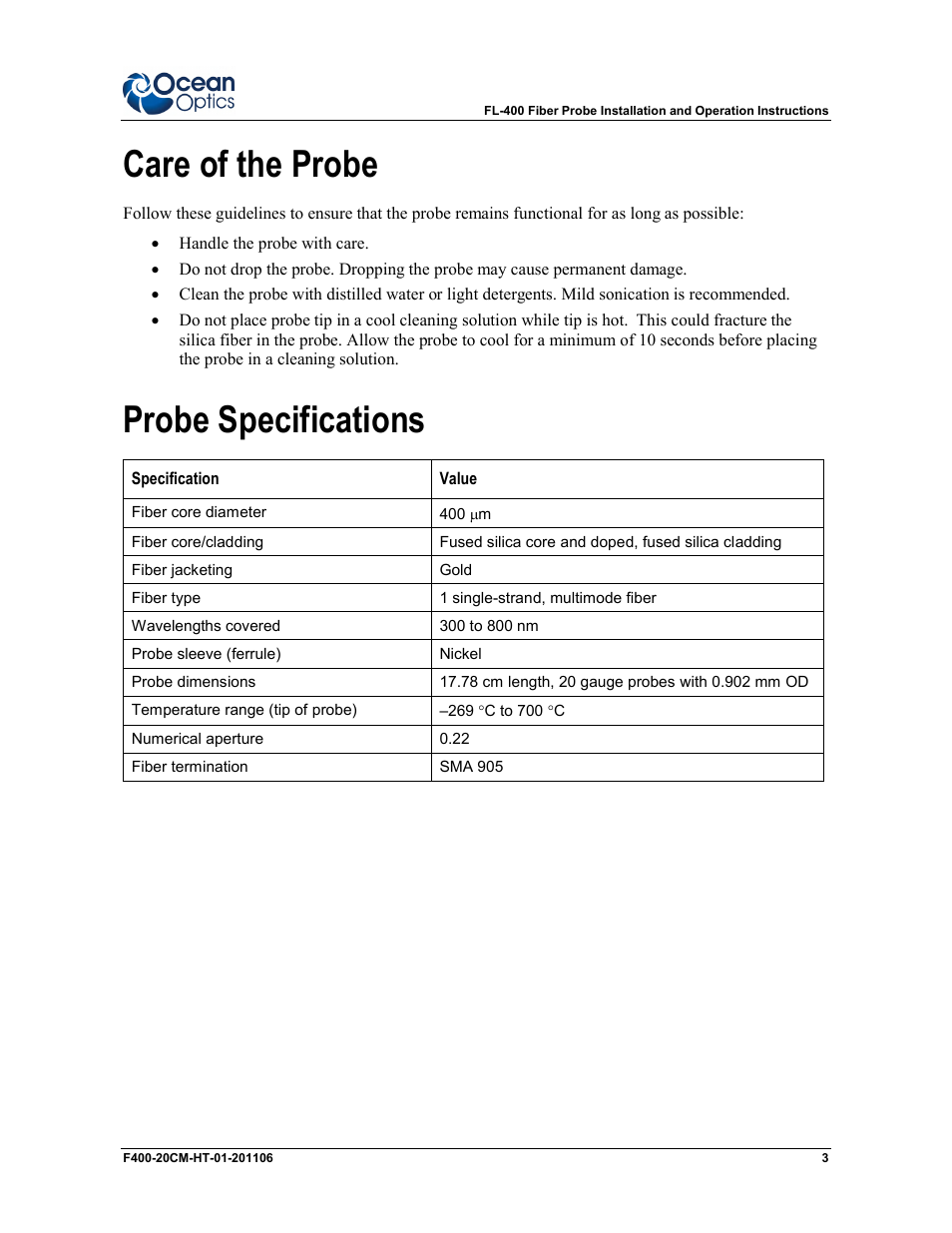 Care of the probe, Probe specifications | Ocean Optics FL-400 User Manual | Page 3 / 4