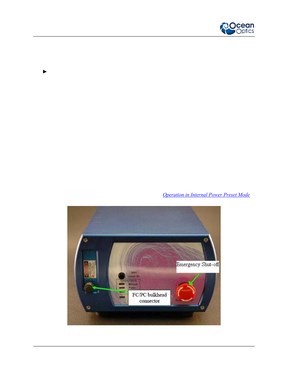 Set-up for operation in internal power preset mode | Ocean Optics Multimode Spectrum − Lab Versions User Manual | Page 14 / 22