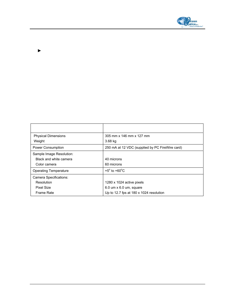 Operating the libs imaging module, Specifications | Ocean Optics LIBS Imaging Module User Manual | Page 6 / 6