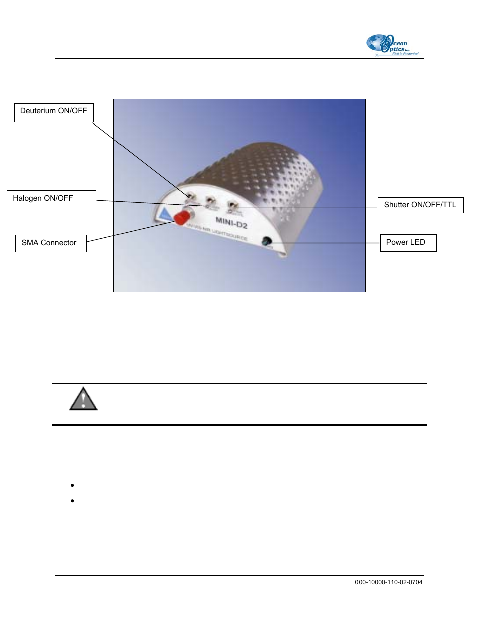 Front panel, Sma connector, Rear panel | Power input connector, Front panel rear panel | Ocean Optics Mini-D2-GS User Manual | Page 12 / 18