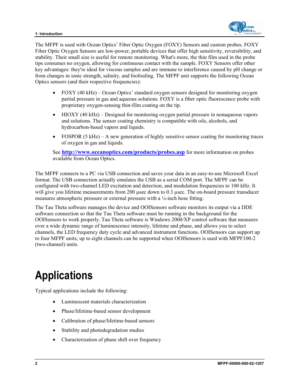 Applications | Ocean Optics MultiFrequency Phase Fluorometer User Manual | Page 10 / 32