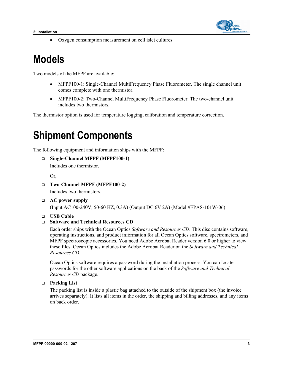 Models, Shipment components, Models shipment components | Ocean Optics MultiFrequency Phase Fluorometer User Manual | Page 11 / 32