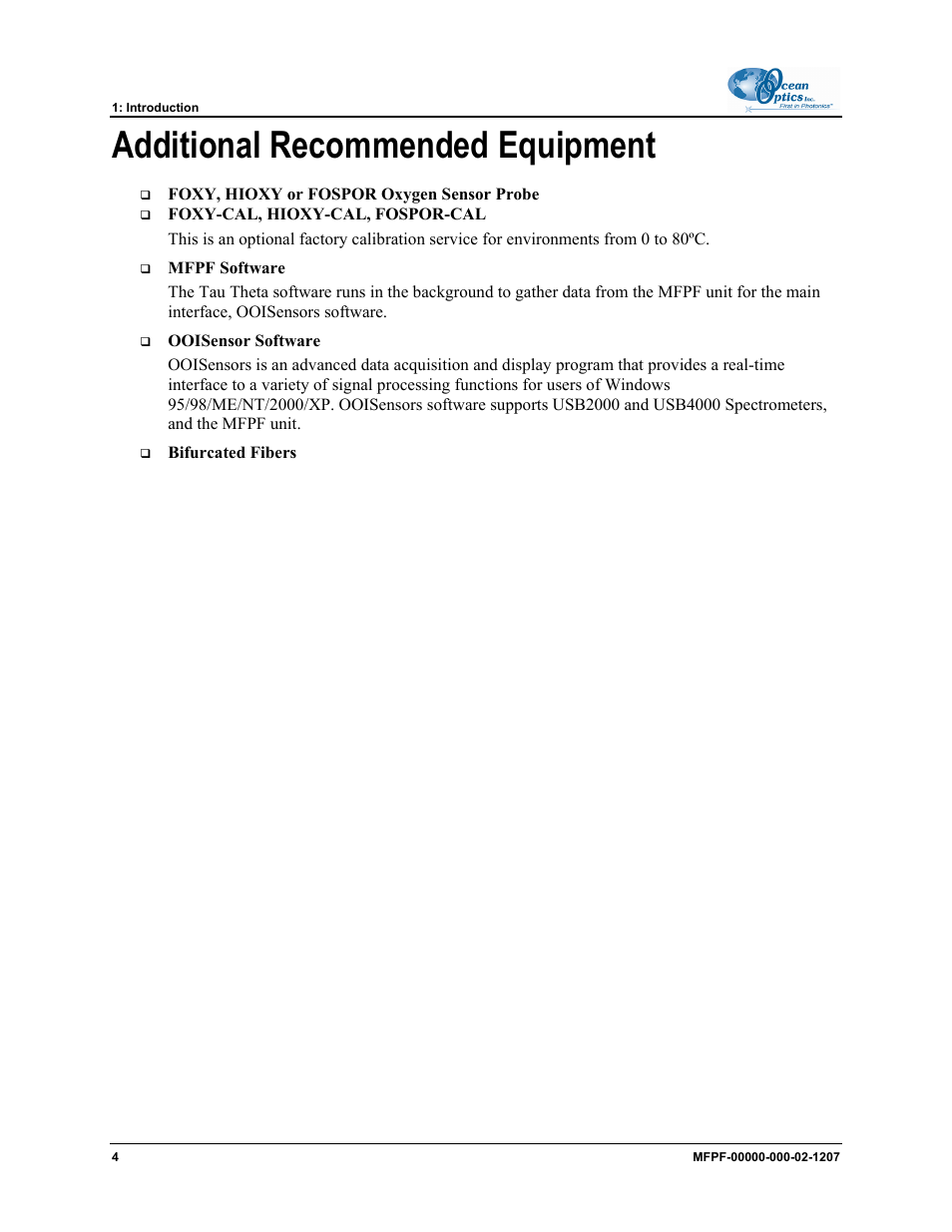 Additional recommended equipment | Ocean Optics MultiFrequency Phase Fluorometer User Manual | Page 12 / 32