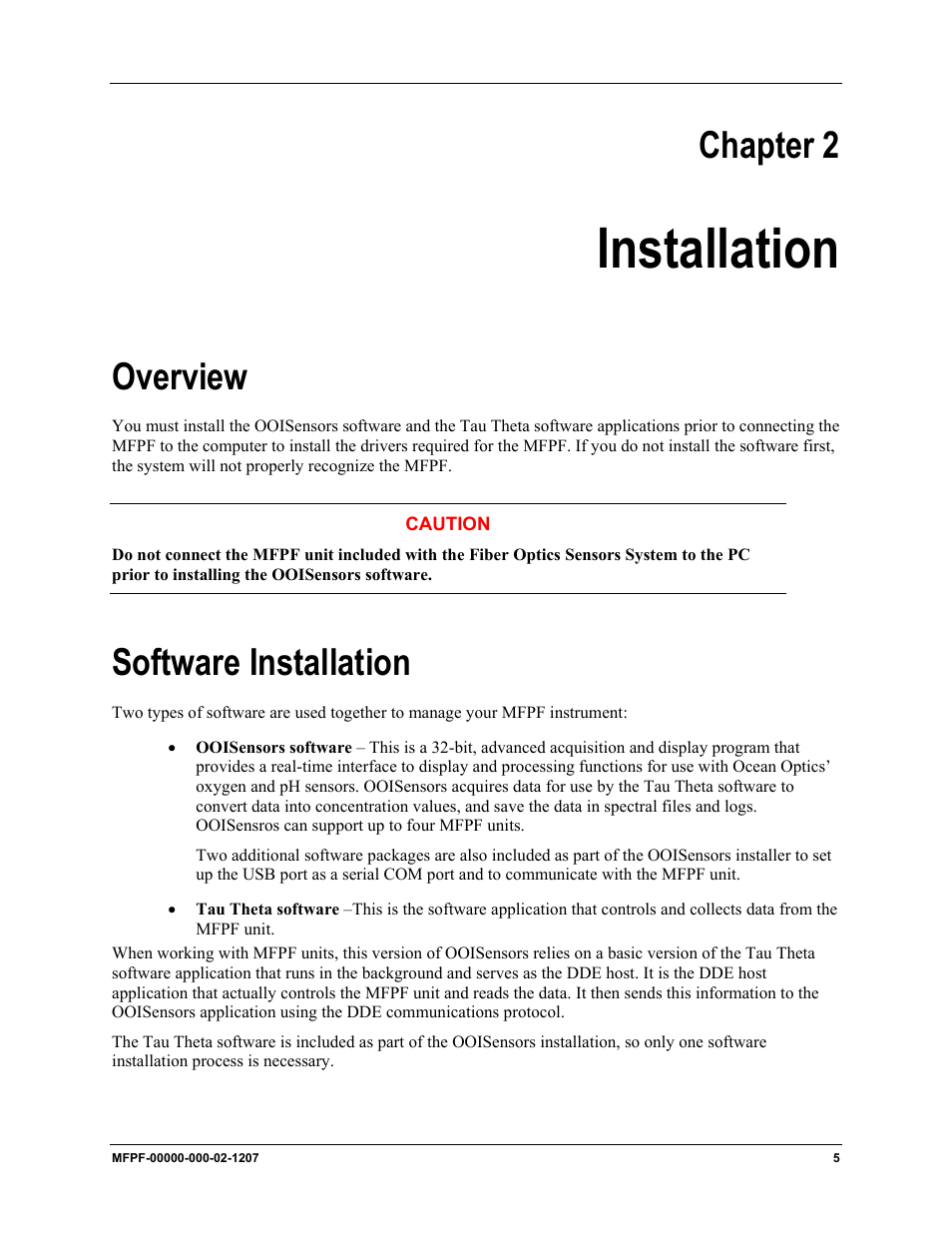 Installation, Overview, Software installation | Chapter 2: installation, Overview software installation, Chapter 2 | Ocean Optics MultiFrequency Phase Fluorometer User Manual | Page 13 / 32