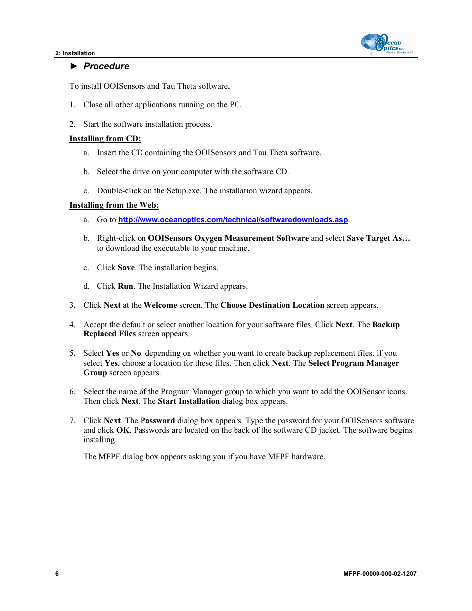 Installing from cd, Installing from the web | Ocean Optics MultiFrequency Phase Fluorometer User Manual | Page 14 / 32