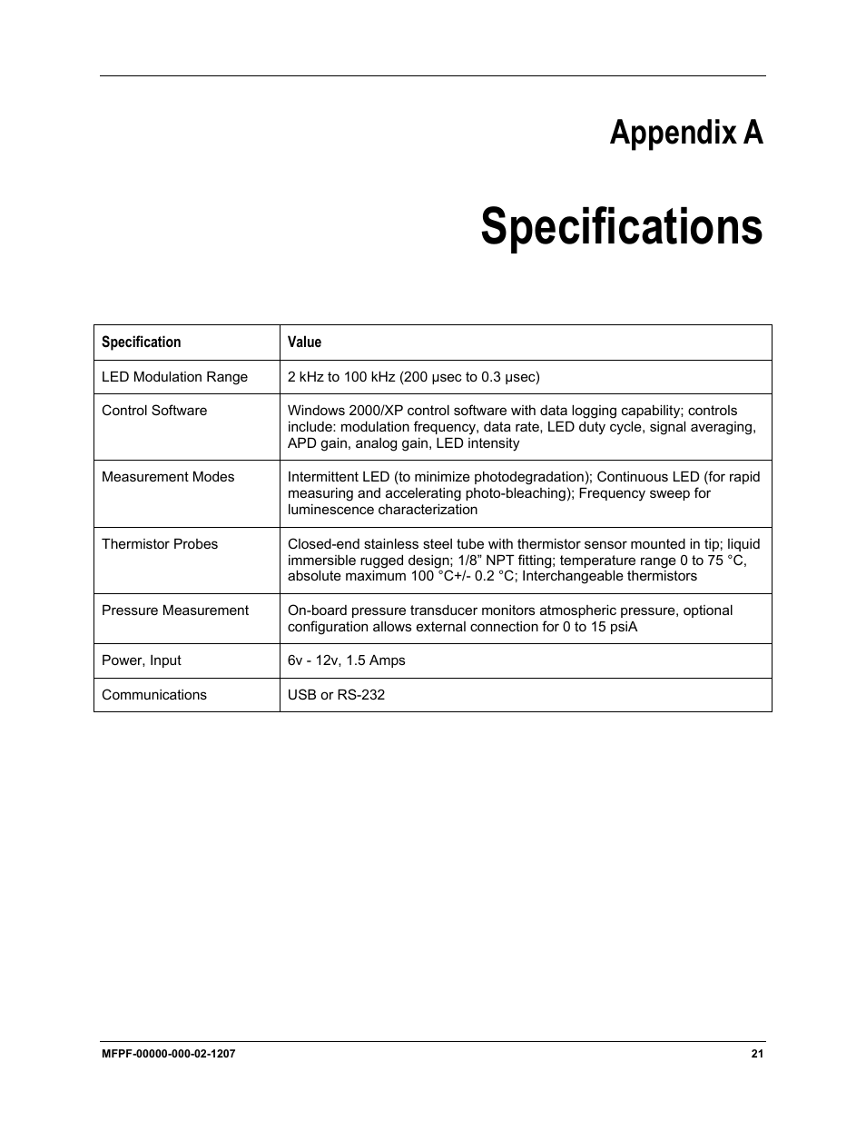 Specifications, Appendix a: specifications, Appendix a | Ocean Optics MultiFrequency Phase Fluorometer User Manual | Page 29 / 32