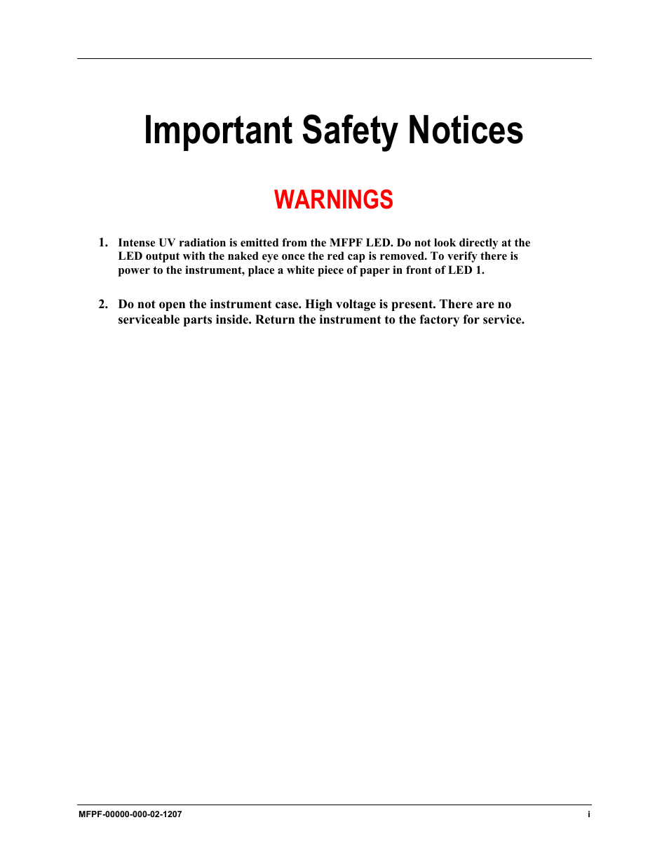 Important safety notices, Warnings | Ocean Optics MultiFrequency Phase Fluorometer User Manual | Page 3 / 32