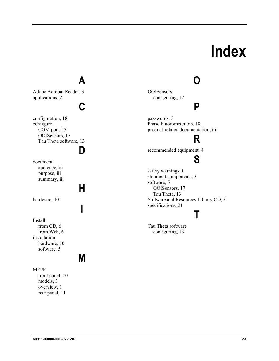 Index | Ocean Optics MultiFrequency Phase Fluorometer User Manual | Page 31 / 32