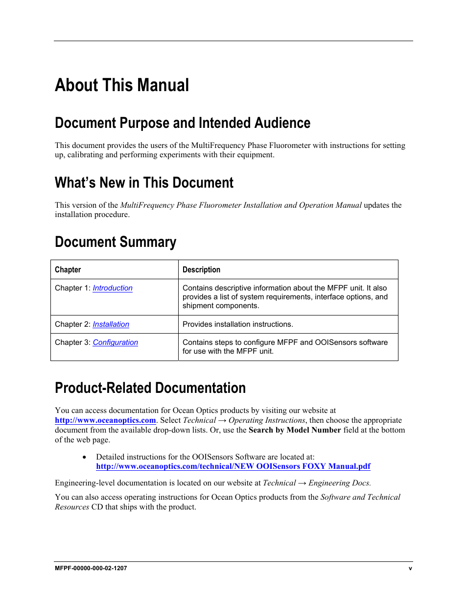 About this manual, Document purpose and intended audience, What’s new in this document | Document summary, Product-related documentation | Ocean Optics MultiFrequency Phase Fluorometer User Manual | Page 7 / 32