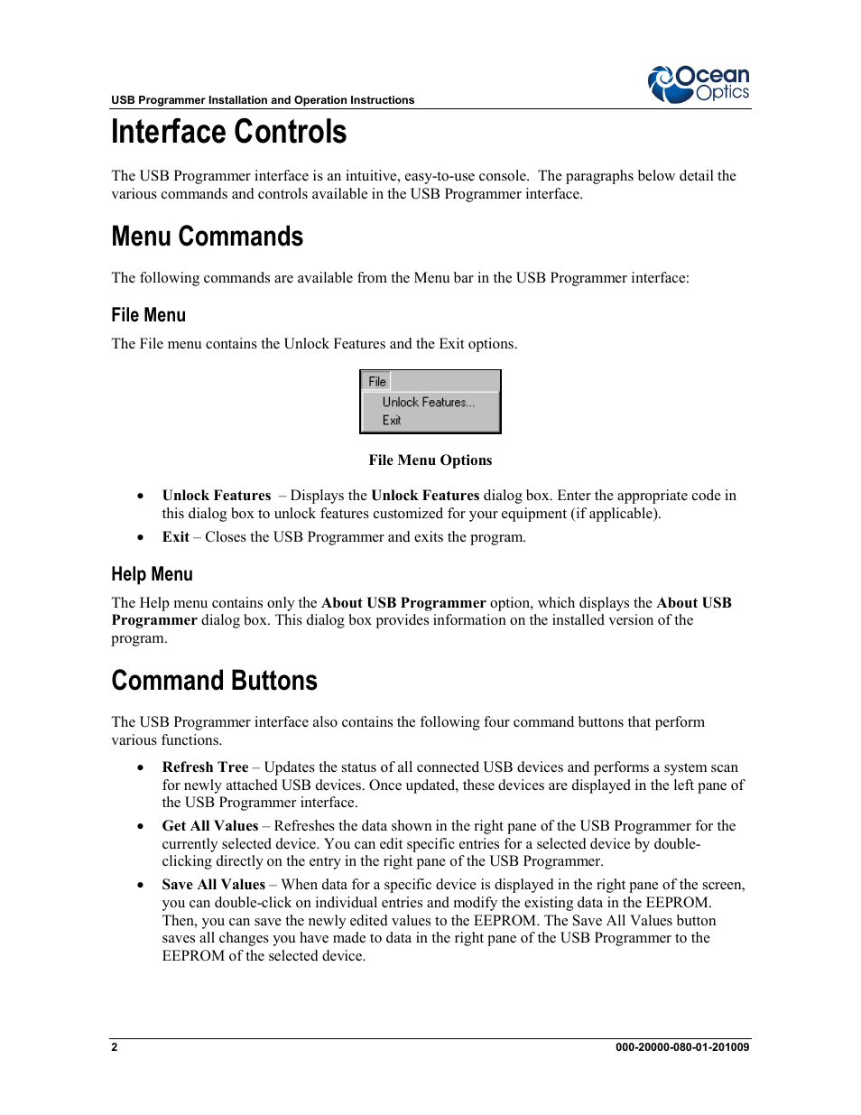 Interface controls, Menu commands, Command buttons | Ocean Optics USB Programmer User Manual | Page 2 / 6