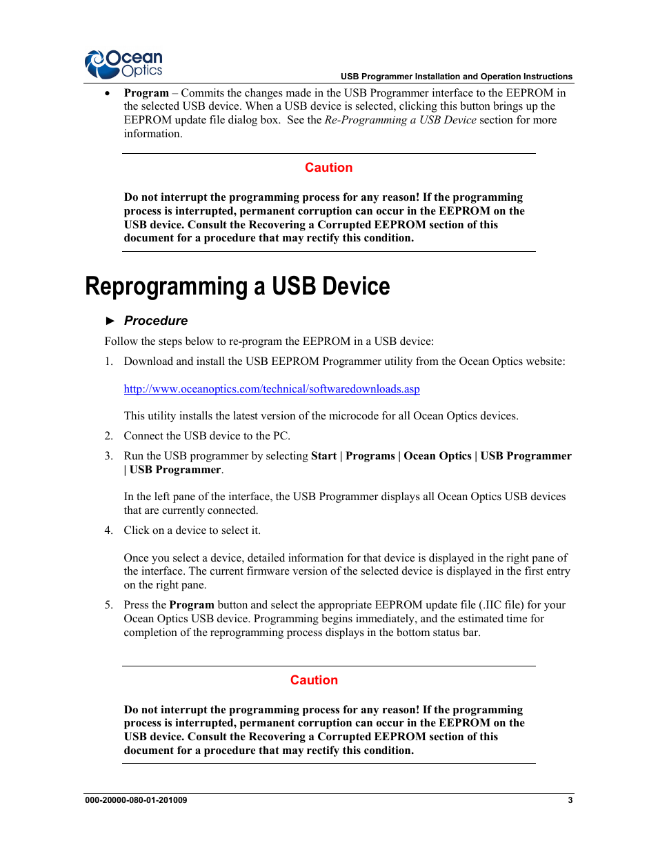 Reprogramming a usb device | Ocean Optics USB Programmer User Manual | Page 3 / 6