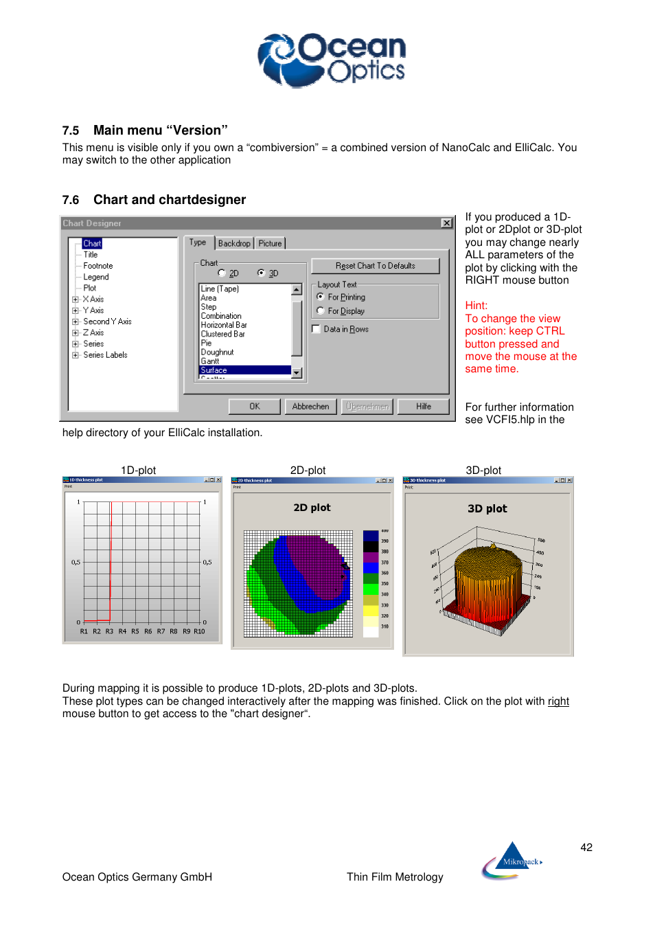 Main menu “version, Chart and chartdesigner | Ocean Optics ElliCalc User Manual | Page 43 / 59