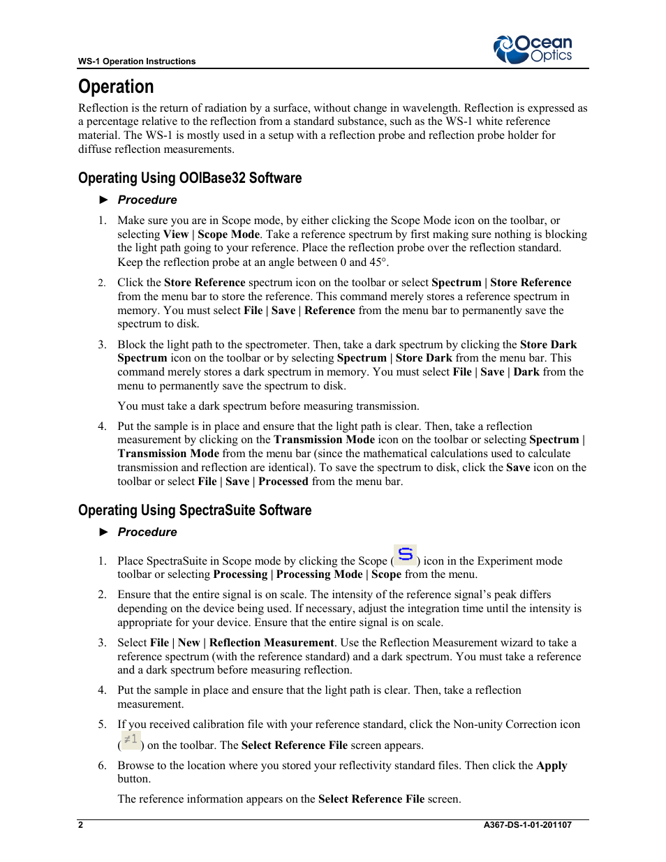 Operation, Operating using ooibase32 software, Operating using spectrasuite software | Ocean Optics WS-1 User Manual | Page 2 / 4