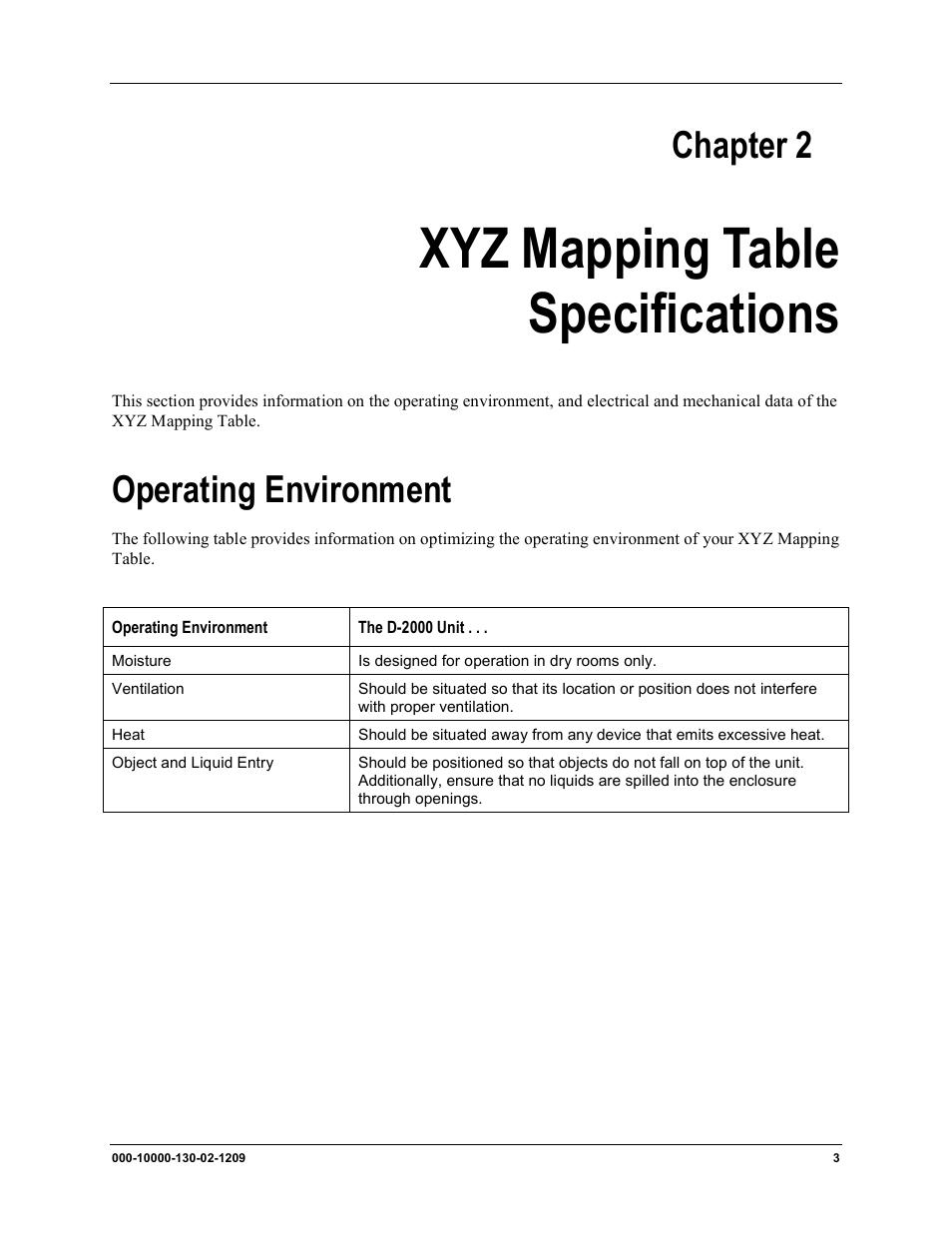 Xyz mapping table specifications, Operating environment, Xyz mapping table | Specifications, Chapter 2 | Ocean Optics XYZ Mapping Tables User Manual | Page 11 / 28