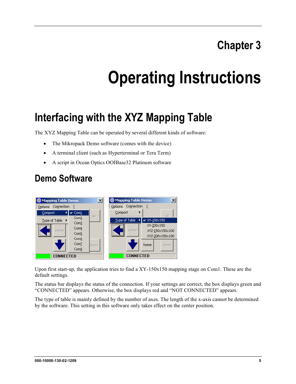 Operating instructions, Interfacing with the xyz mapping table, Demo software | Chapter 3 | Ocean Optics XYZ Mapping Tables User Manual | Page 13 / 28