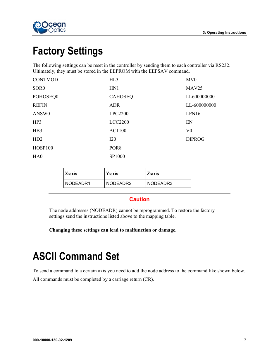 Factory settings ascii command set, Factory settings, Ascii command set | Ocean Optics XYZ Mapping Tables User Manual | Page 15 / 28