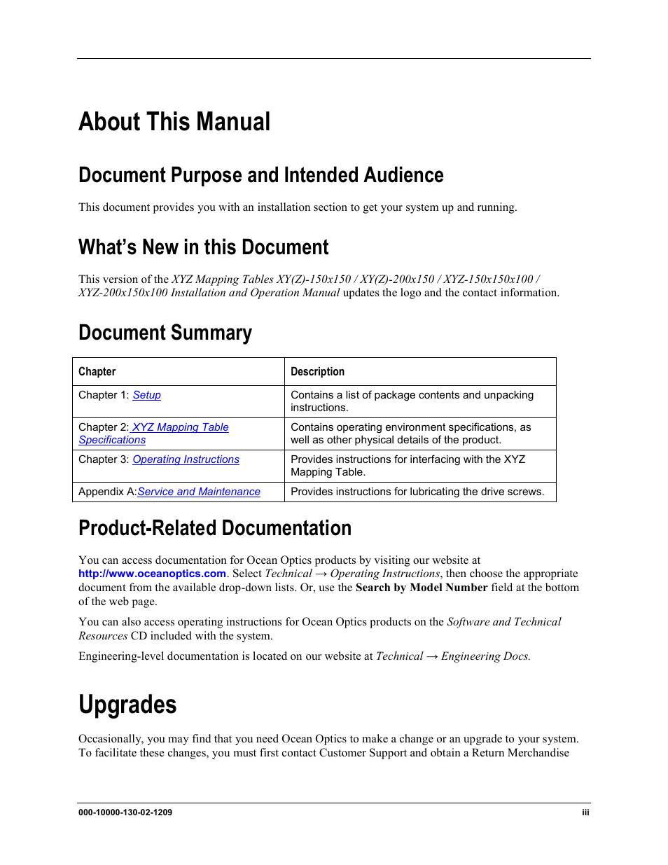 About this manual, Upgrades, Document purpose and intended audience | What’s new in this document, Document summary, Product-related documentation | Ocean Optics XYZ Mapping Tables User Manual | Page 7 / 28