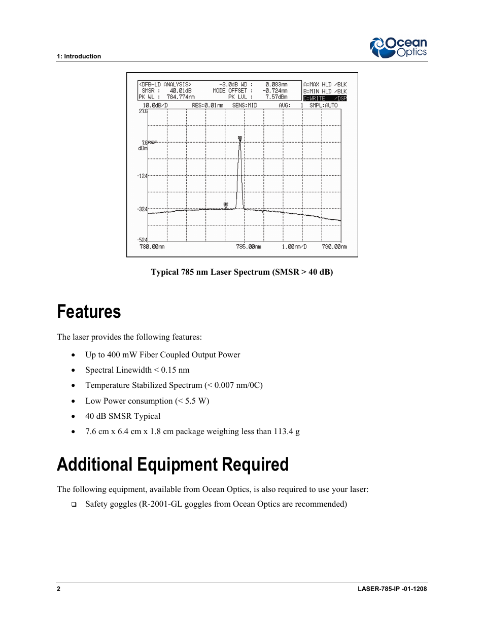 Features, Additional equipment required | Ocean Optics Multimode Spectrum User Manual | Page 10 / 18