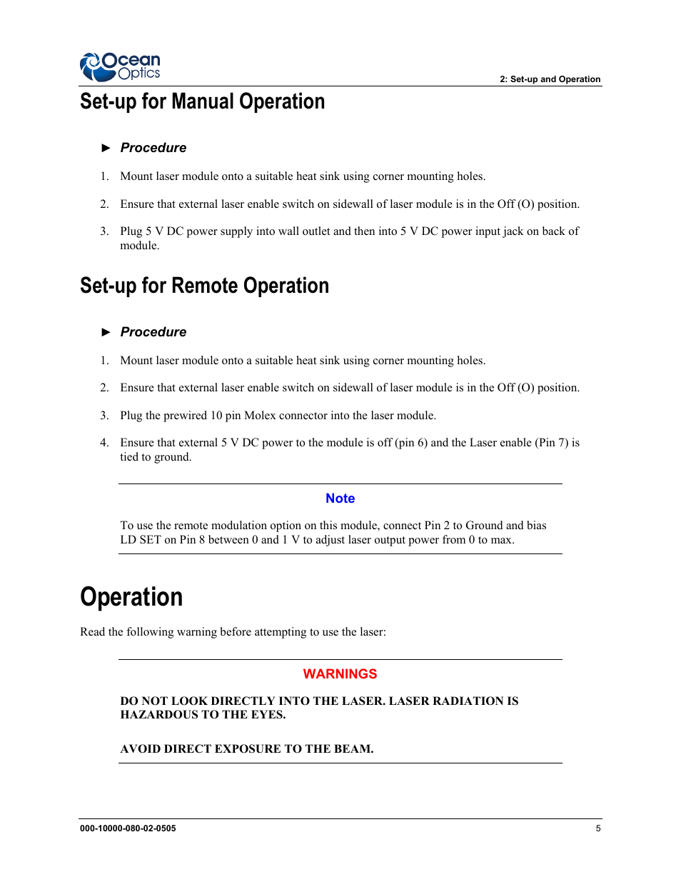 Set-up for manual operation, Set-up for remote operation, Operation | Ocean Optics Multimode Spectrum User Manual | Page 13 / 18