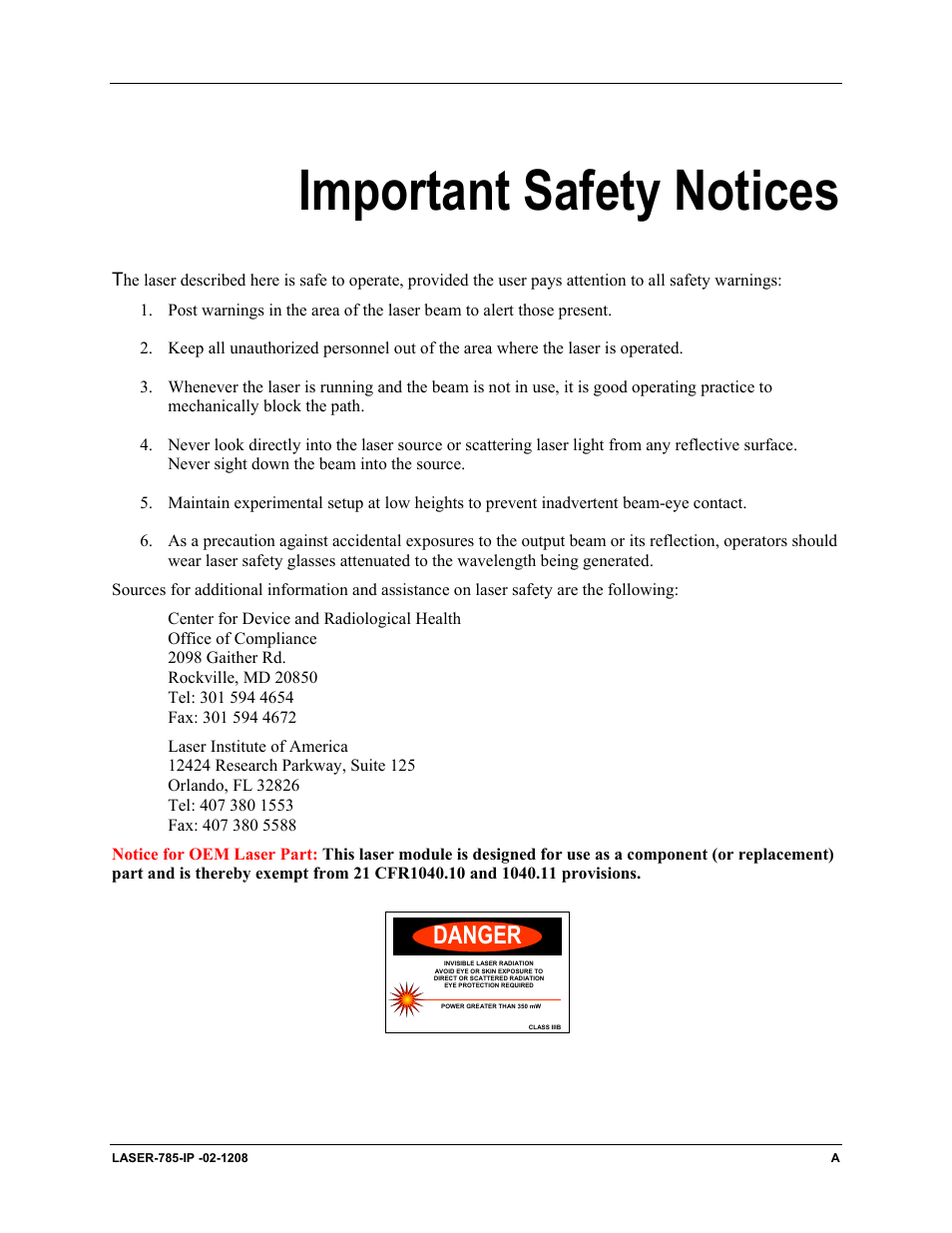 Important safety notices, Danger | Ocean Optics Multimode Spectrum User Manual | Page 3 / 18