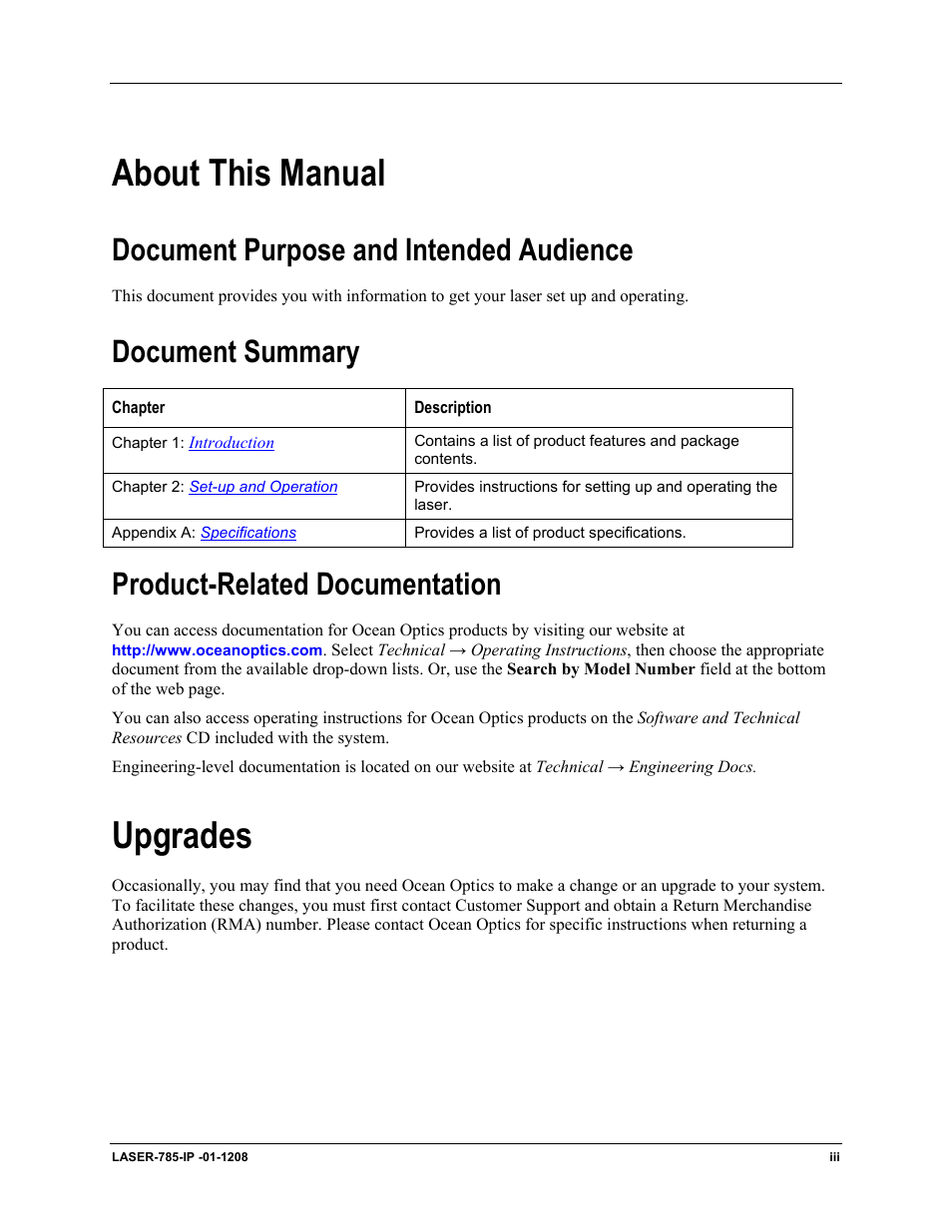 About this manual, Document purpose and intended audience, Document summary | Product-related documentation, Upgrades | Ocean Optics Multimode Spectrum User Manual | Page 7 / 18